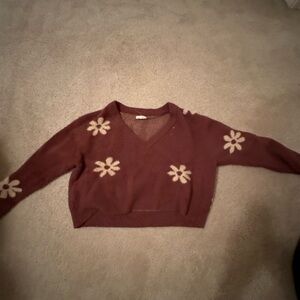 Brown V-Neck Sweater with Flowers